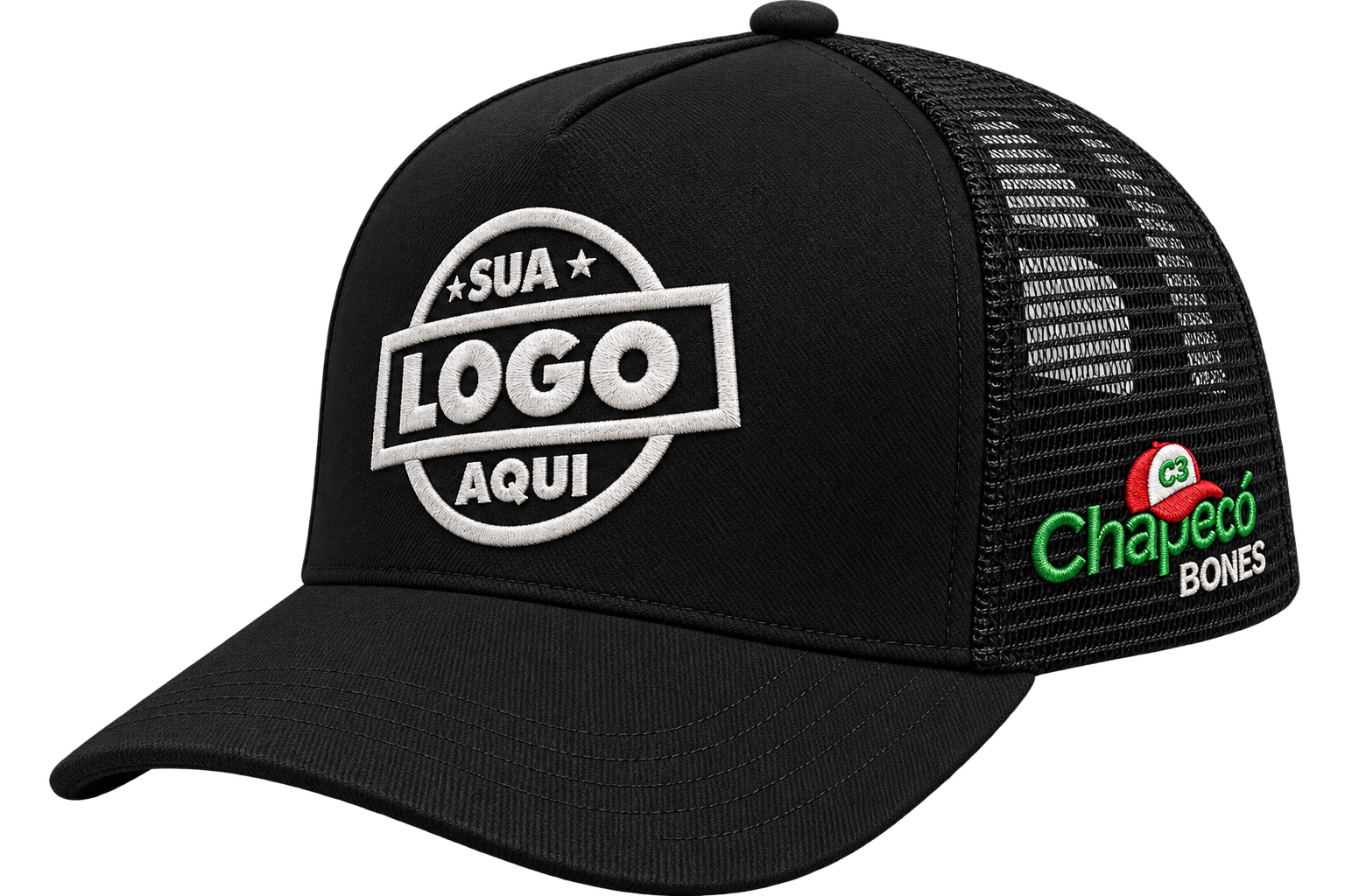 Boné Trucker personalizado com bordado em alto relevo produzido pela Chapecó Bonés
