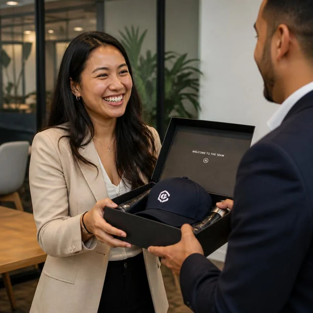 Cliente recebendo kit corporativo com boné personalizado em reunião
